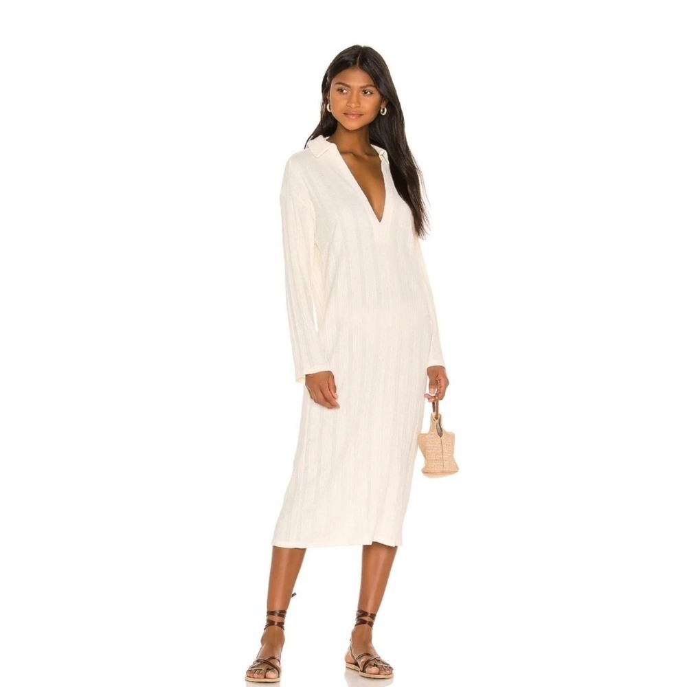 Free People Beach Ivory Textured V-Neck Polo Midi Dress Long Sleeve XS Boho